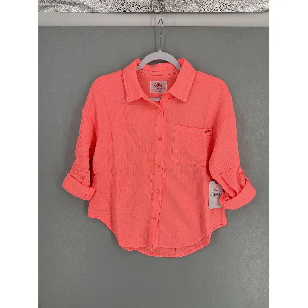 Justice Girls Beach Shirt Coral Cotton Gauze Roll Tab Button Up Size L 12/14
